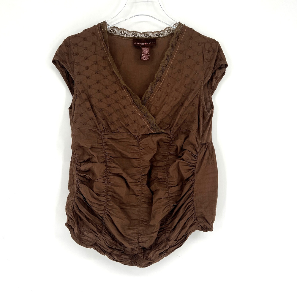 Vtg Bandolino Top Womens 6 Y2K Babydoll‎ Ruched Brown Floral Embroidered Ruffle